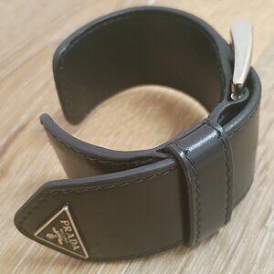 PRADA Triangle Buckle Black Leather Cuff Bracelet